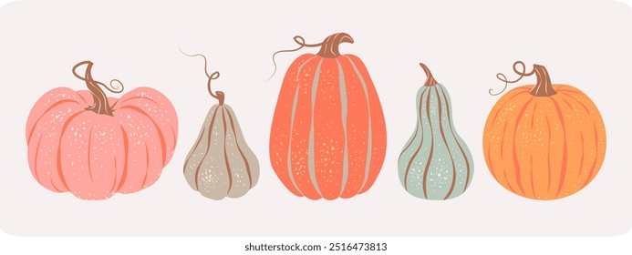 Conjunto de várias abóboras coloridas isoladas no fundo pastel. Ilustração vetorial em estilo retro plano. Coleção de elementos de design criativo ou adesivos. Símbolo de colheita de outono, Halloween