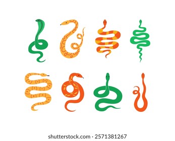 Set of colorful various snakes. Vector flat illustration of mystical reptiles zodiac signs. Symbol of the year of the snake