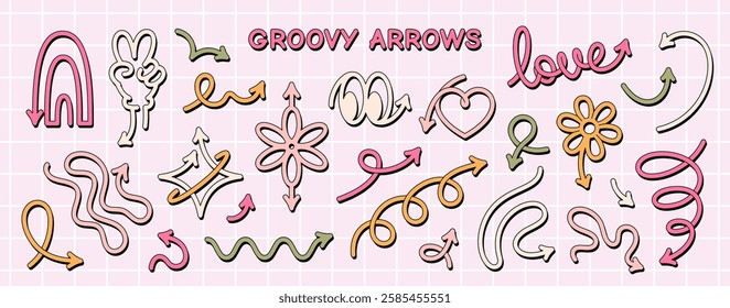 Set of colorful various unusual arrows in cartoon groovy style. Cute curvy and wavy vector design elements.