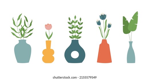 Set of colorful vases with branches and flowers. Hand drawn doodle style. Perfect for cards, decorations, logo, print. Isolated vector illustartion. 