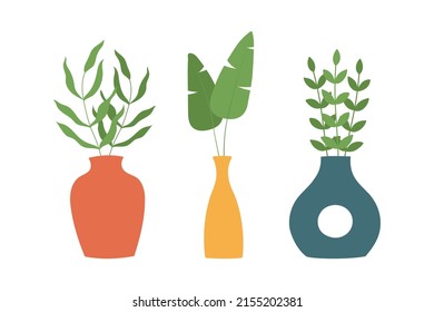 Set of colorful vases with branches. Hand drawn doodle style. Perfect for cards, decorations, logo, print. Isolated vector illustartion. 