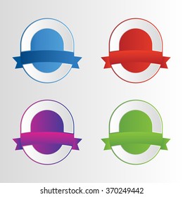 Set of colorful vector badges. Collection of frames. Photo frames with ribbons. Cartoon stamps. Reward signs. Bright medals. Retro badges. 