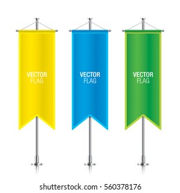 Set Of Colorful Vector Banner Flag Templates Hanging On A Silver Metallic Poles. Yellow, Blue And Green Gothic Vertical Flag Mockups, Isolated On A White Background.