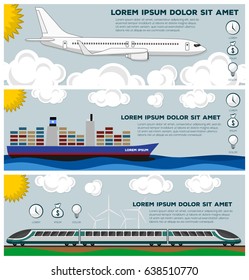 Set of Colorful vector banners on the theme of Travel Transportation, Logistics or Cargo. Modern flat design.