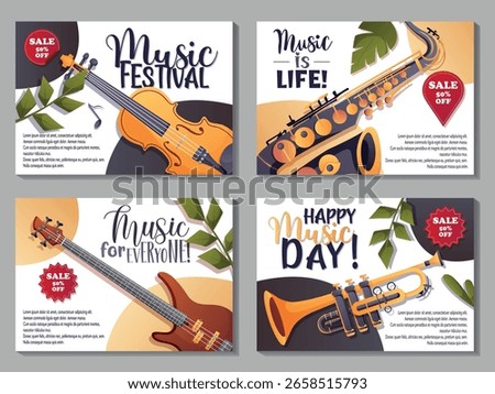 Set of colorful vector banners with various musical instruments and sale tags. Includes texts like Music Festival and Happy Music Day. Ideal for promotions and posters.
