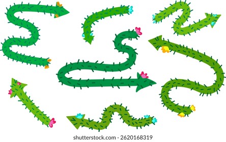set colorful vector cactus arrows with flowers, playful desert plant pointers for infographics design, whimsical and vibrant direction indicators, isolated white background