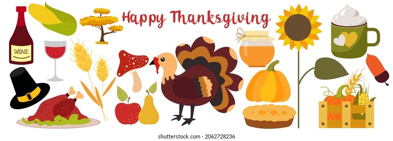 Set of colorful vector cartoon icons for thanksgiving day and happy thanksgiving