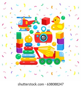 Set of colorful vector children's toys. Including car mixer, duck, pyramid, camera, cubes, helicopter.