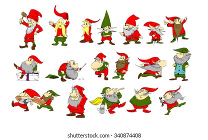 A set of colorful vector Christmas elfs illustrations. Santa's helpers of making toys and gifts.