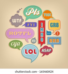 A set of colorful vector comic bubbles and elements with popular acronyms and abbreviations