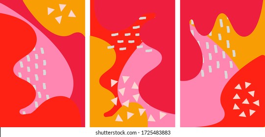 Conjunto de plantillas de diseño de portada vectorial coloridas.Aplicable a carteles, folletos, carteles, cubiertas y banners. Resumen de formas fluidas con colores rojo, rosa y naranja