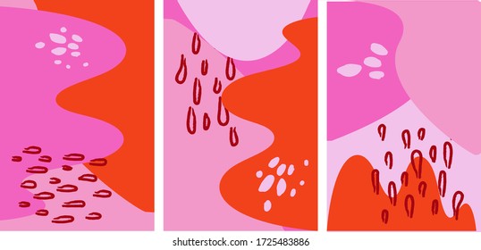 Conjunto de plantillas de diseño de portada vectorial coloridas.Aplicable a carteles, folletos, carteles, cubiertas y banners. Resumen de formas fluidas con colores rojo, rosa y naranja