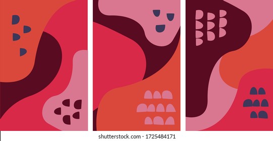 Conjunto de plantillas de diseño de portada vectorial coloridas.Aplicable a carteles, folletos, carteles, cubiertas y banners. Resumen de formas fluidas con colores rosa, rojo y naranja
