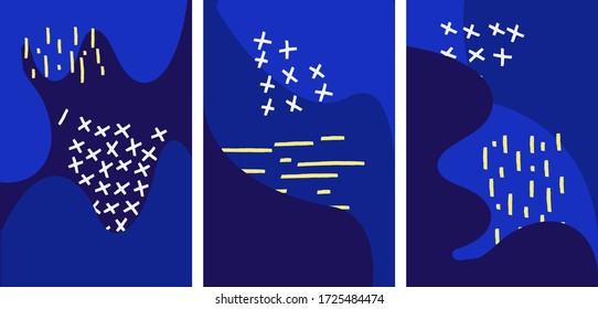 Set of colorful vector cover design template.Applicable for placards, brochures, posters, covers and banners. Abstract fluid shapes with blue, yellow  colors