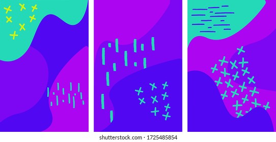 Conjunto de plantillas de diseño de portada vectorial coloridas.Aplicable a carteles, folletos, carteles, cubiertas y banners. Formas de fluido abstractas con colores azules, púrpura y de menta