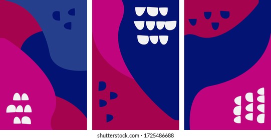 Set of colorful vector cover design template.Applicable for placards, brochures, posters, covers and banners. Abstract fluid shapes with  blue, pink colors