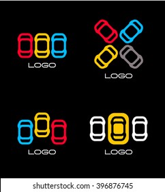 Set of colorful vector devices. Simple mobile contour. Cars silhouette. Parking area sign. Road element. Graphic motion symbols. Mechanic service. Vehicles emblem. Car insurance logo.Black background.