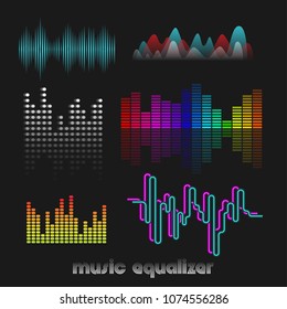 Set of colorful vector digital music equalizer. Audio waves design template. Audio signal visualization. Dj vector illustration