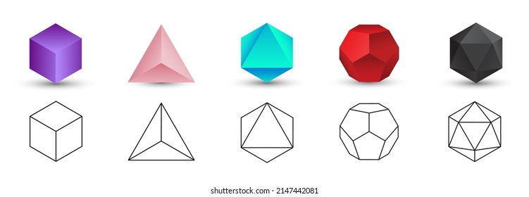 Set of colorful vector editable 3D platonic solids isolated on white background. Mathematical geometric figures such as cube, tetrahedron, octahedron, dodecahedron, icosahedron. Icon, logo, button.