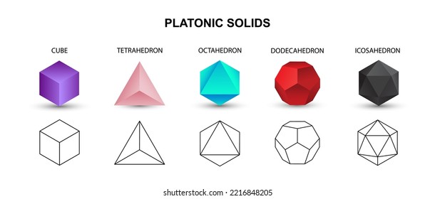 Set of colorful vector editable 3D platonic solids isolated on white background.