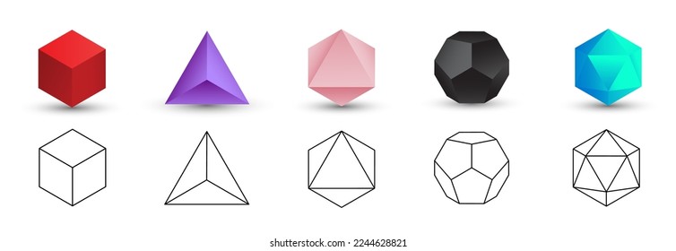 Set of colorful vector editable 3D platonic solids isolated on white background. Mathematical geometric figures such as cube, tetrahedron, octahedron, dodecahedron, icosahedron. Icon, logo, button.