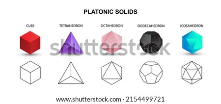 Set of colorful vector editable 3D platonic solids isolated on white background. Mathematical geometric figures such as cube, tetrahedron, octahedron, dodecahedron, icosahedron. Icon, logo, button.