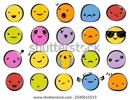 Set of colorful vector emoji illustrations showcasing various emotions. Includes happy, sad, angry, surprised, and playful expressions. Perfect for social media, messaging apps, and creative projects