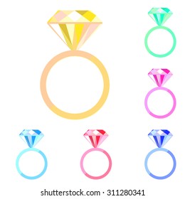 Set of colorful vector engagement ring icons. Wedding diamond ring. Jewelry.