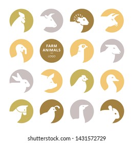 Set of colorful vector farm animal logos in flat style isolated on white background. Logo for meat shop, cafe, and others.