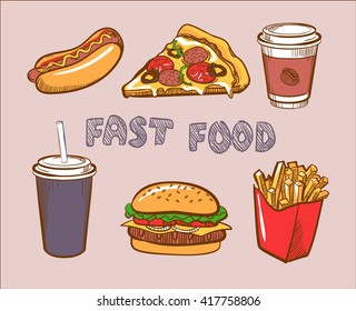 Set Of Colorful Vector Fast Food Icons