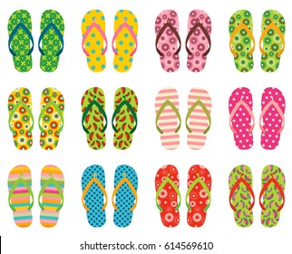 Set of colorful vector flip flops, beach sandals for summer holiday