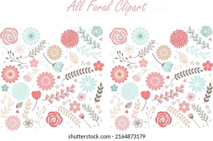 Set of colorful vector floral elements, Hand draw clipart collection, Watercolor floral composition. Clipping path included. Fast isolation. Hi-res file. Hand-painted. Raster illustration.