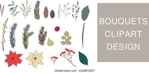 Set of colorful vector floral elements, Hand draw clipart collection, Watercolor floral composition. Clipping path included. Fast isolation. Hi-res file. Hand-painted. Raster illustration.