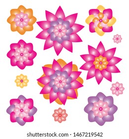 Set of colorful vector flowers in cute baby style. Isolated objects on a white background for decoration of holidays, postcards, layouts, invitations, banners. Cheerful, cute style.