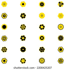 Set of Colorful Vector Flowers Isolated on White Background. Black and Yellow Simple Flowers Collection.