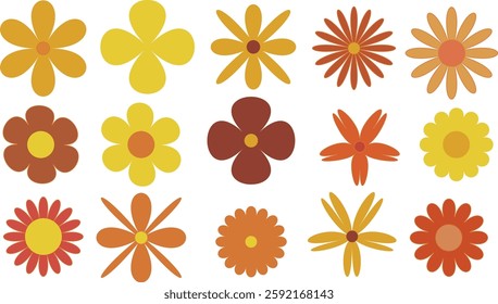 Set of Colorful Vector Flowers in Retro Style 