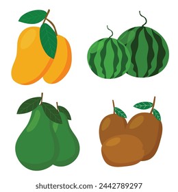 Set of colorful vector fruit, mango, watermelon, avocado, kiwi