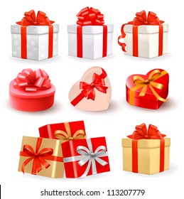 Set of colorful vector gift boxes with bows and ribbons.