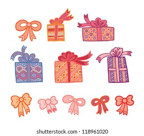 Set of colorful vector gift boxes and bows