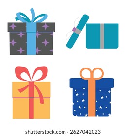 Set von bunten Vektorgeschenkboxen mit Schleifen und Bändern perfekt für Feiertage und Überraschungsgeschenke