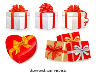 Set of colorful vector gift boxes with bows and ribbons.