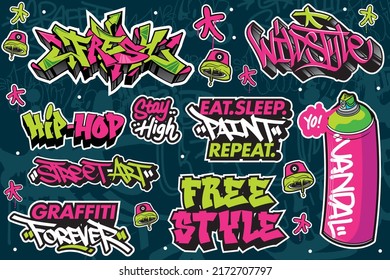 Set of colorful vector graffiti illustration for sticker, prints with bright color and unique designs.