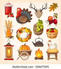 Set of colorful vector graphic elements for thanksgiving day. Isolated illustrations