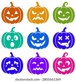 A set of colorful vector halloween pumpkins with different carved faces, isolated on a white background for seasonal designs.
