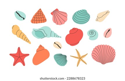 Set of colorful vector hand draw seashells and starfishes. Isolated design elements. Summer vacation collection, tropical beach shells.