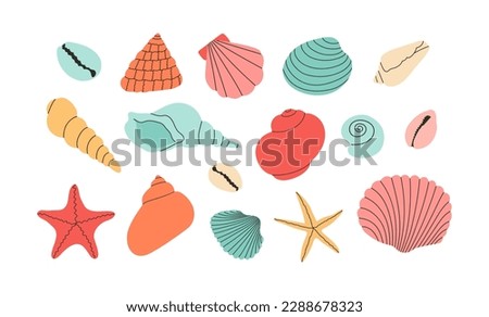 Set of colorful vector hand draw seashells and starfishes. Isolated design elements. Summer vacation collection, tropical beach shells. [[stock_photo]] © 