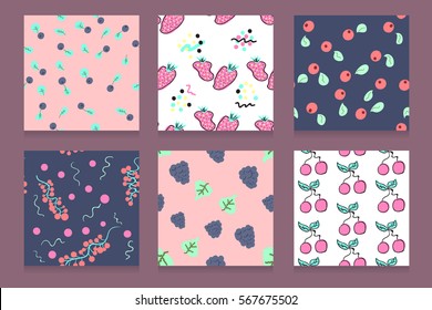 Set of colorful vector hand drawn berries. Seamless background with abstract element.