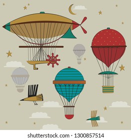 Set of colorful vector hot air balloons, vintage aerostats, zeppelin