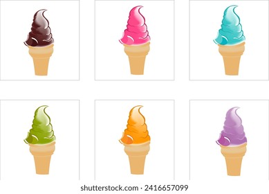 Set of colorful vector ice creams with the addition of cute biscuit icons on the side.