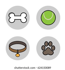 set of colorful vector icons for dog isolated on white background - bone, collar, tennis ball, paw